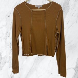 🌸Brown Contrast Stitching Long Sleeve Top